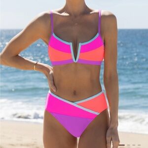 Vibrant Colorblock Bikini Set - Pink, Purple, and Orange
